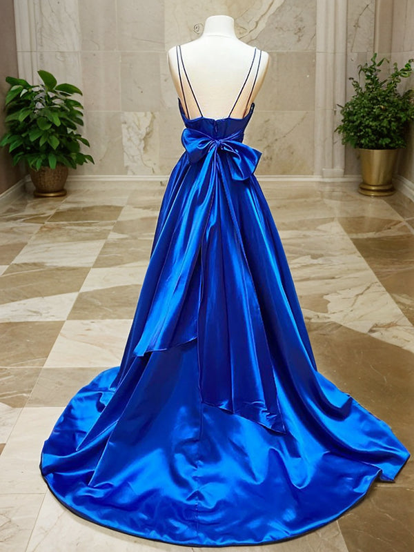A-Line/Princess Satin Bowknot V-neck Sleeveless Court Train Dresses Prom Dress Ball Gowns