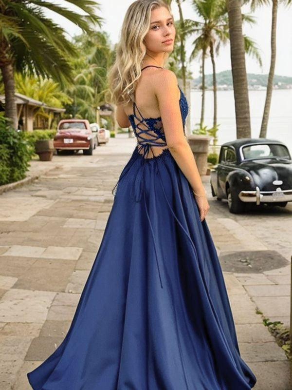 A-Linie/Princess-Linie Seide wie Satin Applikationen V-Ausschnitt Ärmellos Sweep/Pinsel Zug Kleider Ball-/Abendkleid