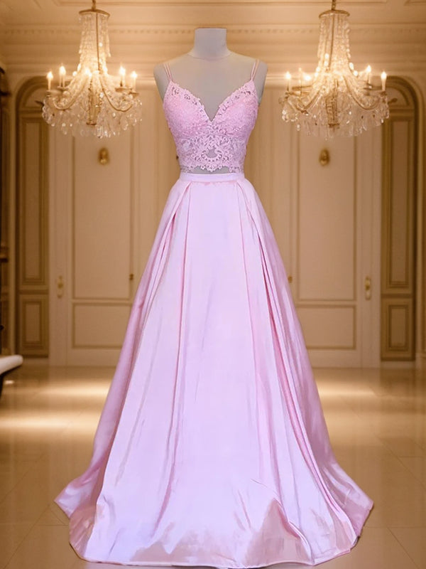 Vestido de noche de corte A/princesa, de satén, con encaje, escote en V, sin mangas y largo hasta el suelo.