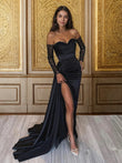 Sheath/Column Silk like Satin Ruched Off-the-Shoulder Long Sleeves Sweep/Brush Train Dresses Prom Evening Dress