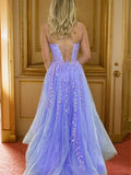 Vestido de fiesta de corte A/princesa con apliques de tul, tirantes finos, sin mangas y cola larga