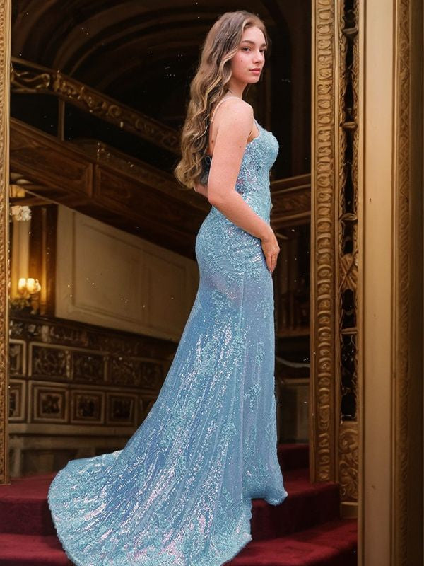 Etui-Linie/Säule Pailletten Applikation Spaghettiträger Ärmellos Sweep/Pinsel Zug Kleider Ball-/Abendkleid