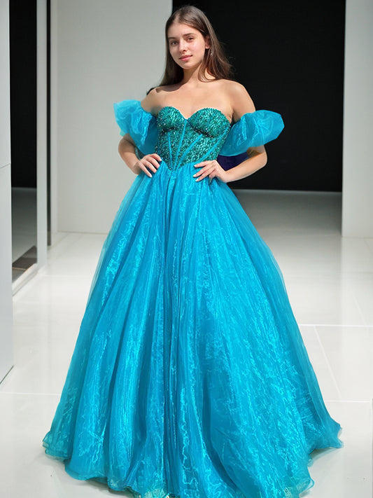 Ball Gown Organza Ruffles Sweetheart Short Sleeves Sweep/Brush Train Dresses Prom Dress