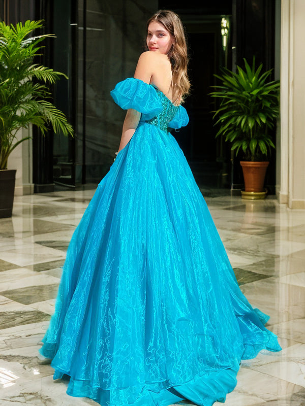 Ball Gown Organza Ruffles Sweetheart Short Sleeves Sweep/Brush Train Dresses Prom Dress