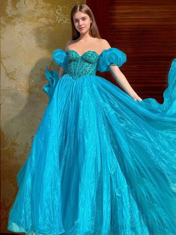 Ball Gown Organza Ruffles Sweetheart Short Sleeves Sweep/Brush Train Dresses Prom Dress