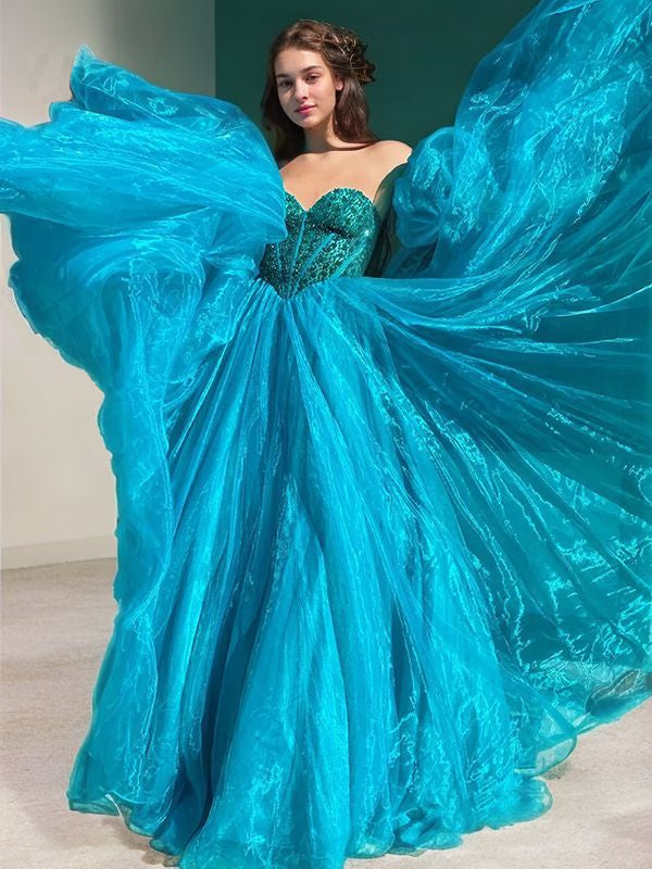 Ball Gown Organza Ruffles Sweetheart Short Sleeves Sweep/Brush Train Dresses Prom Dress