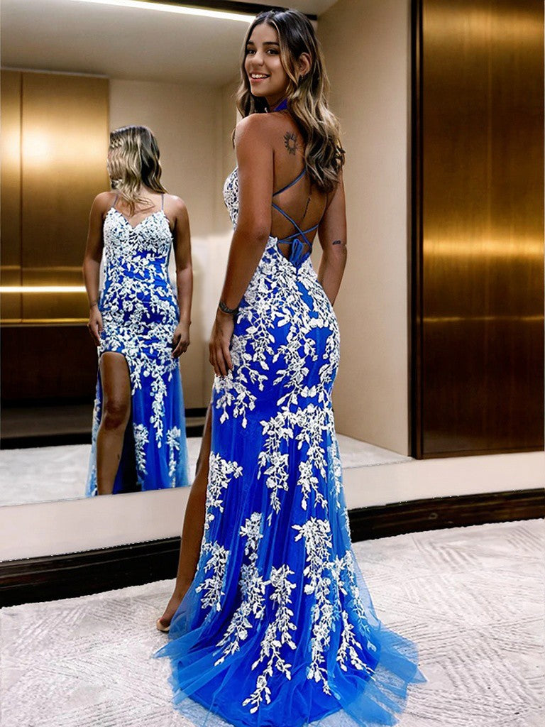 Sheath/Column Tulle Applique V-neck Sleeveless Sweep/Brush Train Dresses Prom Evening Dress