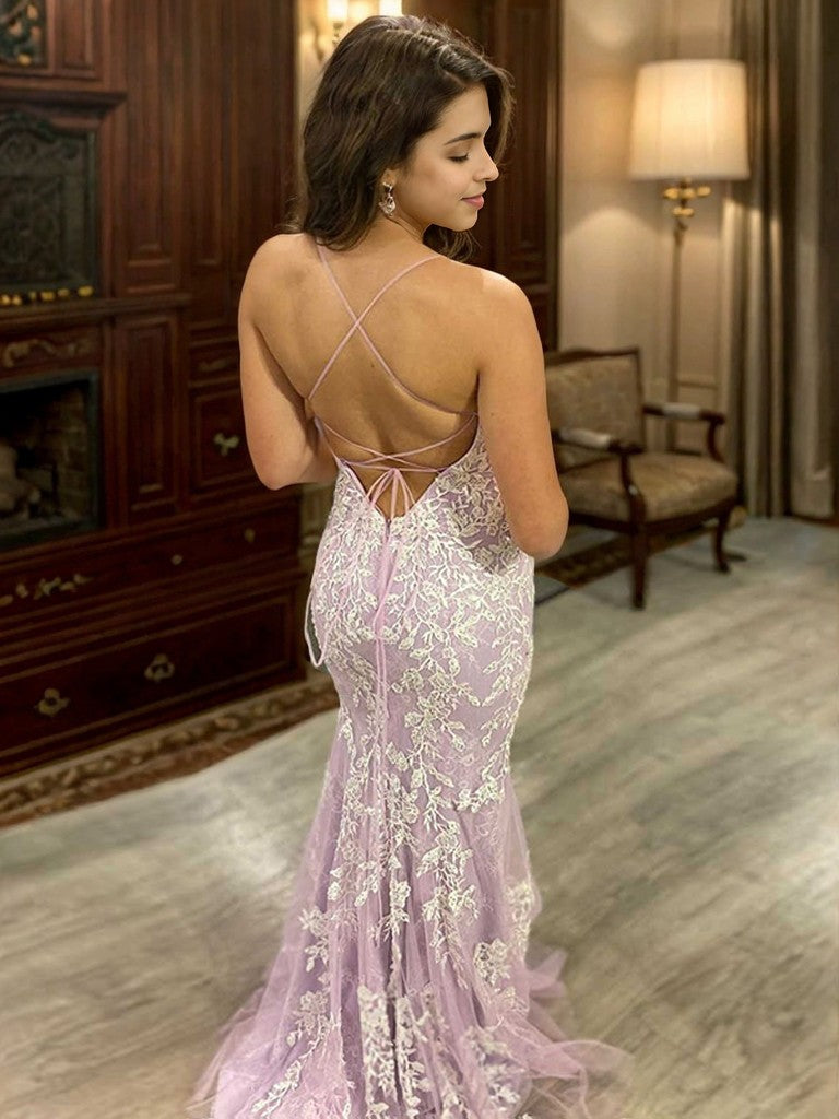 Sheath/Column Tulle Applique V-neck Sleeveless Sweep/Brush Train Dresses Prom Evening Dress