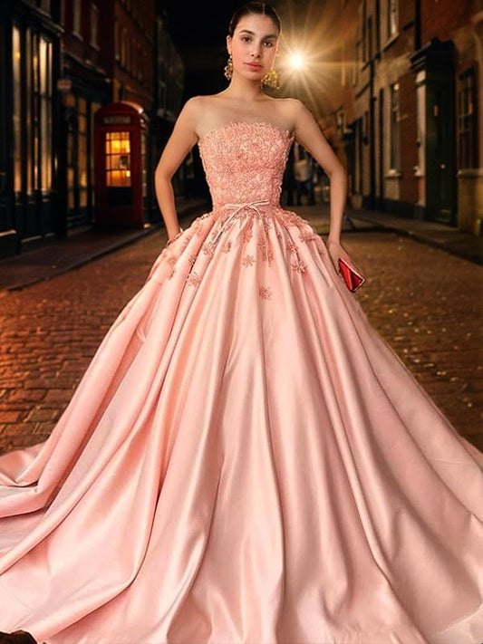 Vestido de fiesta de satén con apliques, sin tirantes, sin mangas, con cola larga, para fiesta de graduación, quinceañera