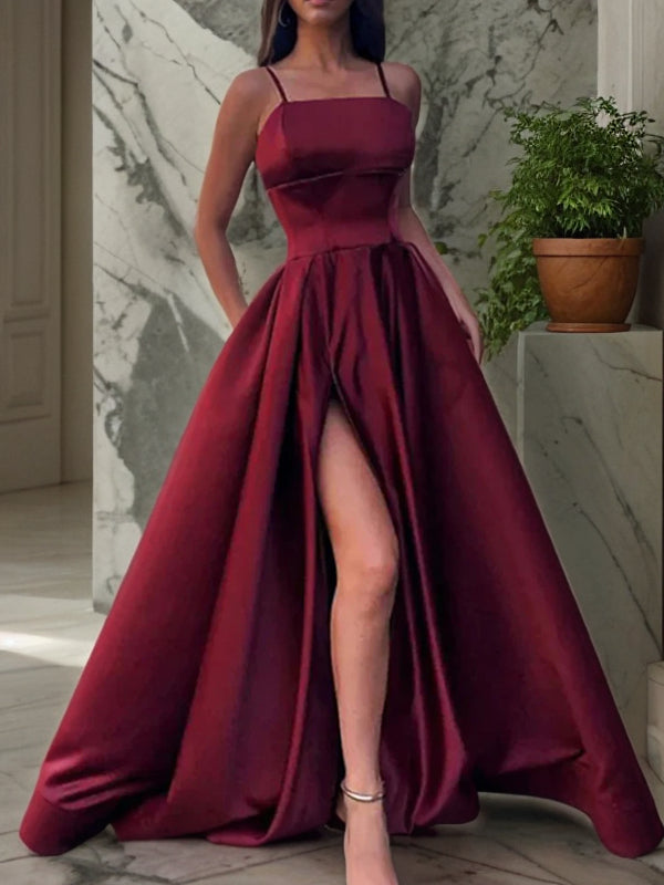 A-Line/Princess Satin Ruffles Spaghetti Straps Sleeveless Floor-Length Evening Dresses Prom Dress