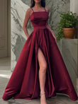 A-Line/Princess Satin Ruffles Spaghetti Straps Sleeveless Floor-Length Evening Dresses Prom Dress