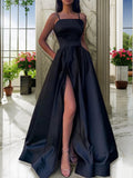 A-Line/Princess Satin Ruffles Spaghetti Straps Sleeveless Floor-Length Evening Dresses Prom Dress