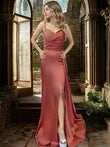 Sheath/Column Charmeuse Ruched V-neck Sleeveless Sweep/Brush Train Dresses Prom Evening Dress
