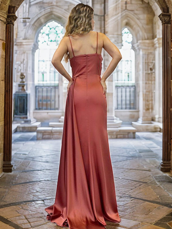 Sheath/Column Charmeuse Ruched V-neck Sleeveless Sweep/Brush Train Dresses Prom Evening Dress