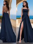 A-Line/Princess Satin Ruffles Spaghetti Straps Sleeveless Sweep/Brush Train Dresses Prom Evening Dress