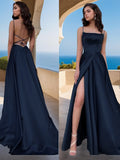 A-Line/Princess Satin Ruffles Spaghetti Straps Sleeveless Sweep/Brush Train Dresses Prom Evening Dress
