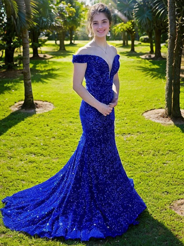 Sheath/Column Velvet Sequins Off-the-Shoulder Sleeveless Sweep/Brush Train Dresses Prom Evening Dress
