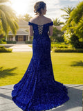 Sheath/Column Velvet Sequins Off-the-Shoulder Sleeveless Sweep/Brush Train Dresses Prom Evening Dress