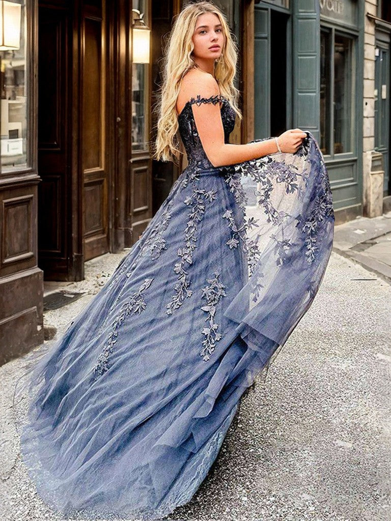 A-Line/Princess Tulle Applique Off-the-Shoulder Sleeveless Sweep/Brush Train Dresses Prom Evening Dress