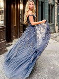 A-Line/Princess Tulle Applique Off-the-Shoulder Sleeveless Sweep/Brush Train Dresses Prom Evening Dress