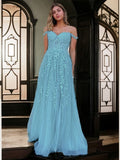 A-Line/Princess Tulle Applique Off-the-Shoulder Sleeveless Sweep/Brush Train Dresses Prom Evening Dress