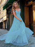 A-Line/Princess Tulle Applique Off-the-Shoulder Sleeveless Sweep/Brush Train Dresses Prom Evening Dress
