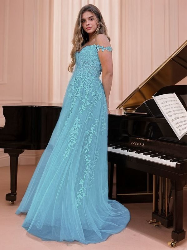 A-Line/Princess Tulle Applique Off-the-Shoulder Sleeveless Sweep/Brush Train Dresses Prom Evening Dress