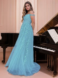 A-Line/Princess Tulle Applique Off-the-Shoulder Sleeveless Sweep/Brush Train Dresses Prom Evening Dress