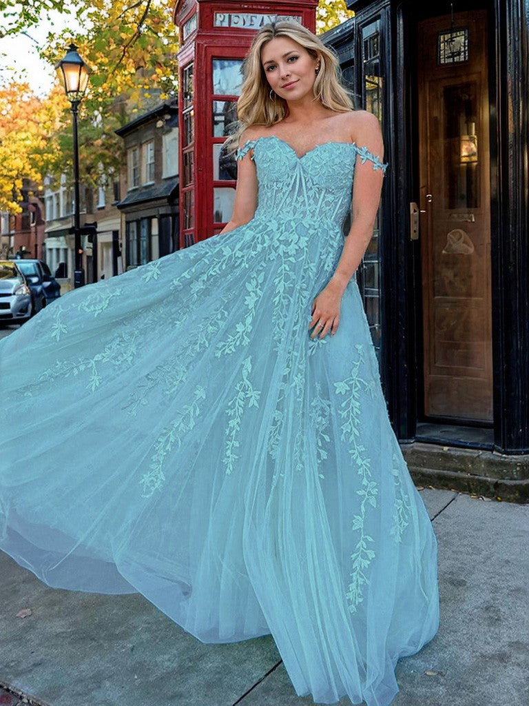 A-Line/Princess Tulle Applique Off-the-Shoulder Sleeveless Sweep/Brush Train Dresses Prom Evening Dress