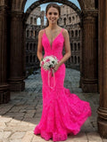 Sheath/Column Lace V-neck Sleeveless Sweep/Brush Train Prom Dresses Evening Dress