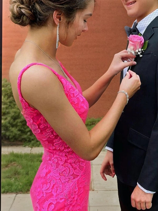 Sheath/Column Lace V-neck Sleeveless Sweep/Brush Train Prom Dresses Evening Dress