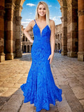 Sheath/Column Lace V-neck Sleeveless Sweep/Brush Train Prom Dresses Evening Dress