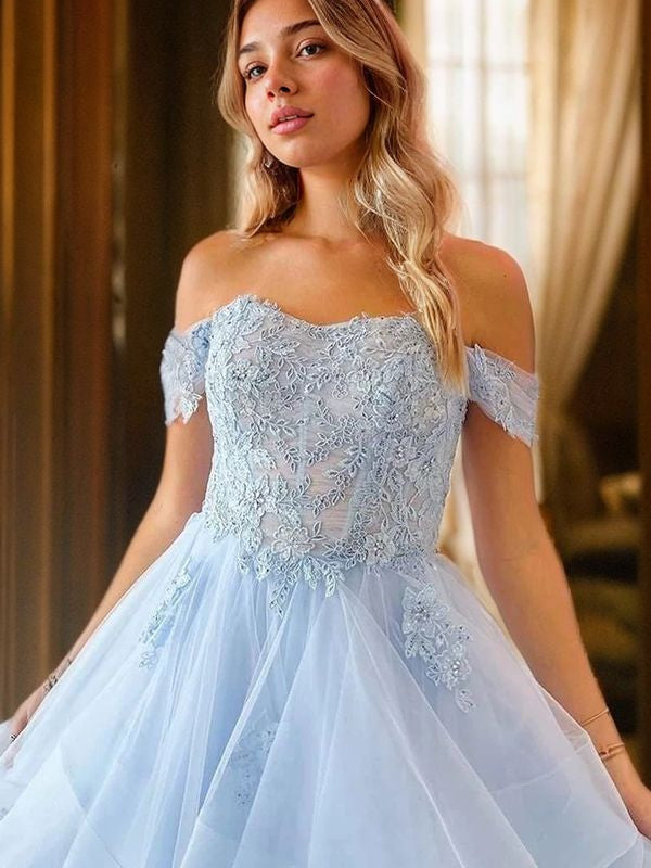 A-Line/Princess Tulle Applique Off-the-Shoulder Sleeveless Floor-Length Dresses Prom Dress Ball Gowns