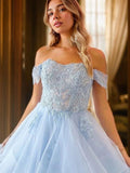 A-Line/Princess Tulle Applique Off-the-Shoulder Sleeveless Floor-Length Dresses Prom Dress Ball Gowns