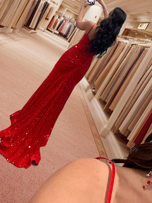 Sheath/Column Sequins Spaghetti Straps Sleeveless Sweep/Brush Train Dresses Prom Evening Dress