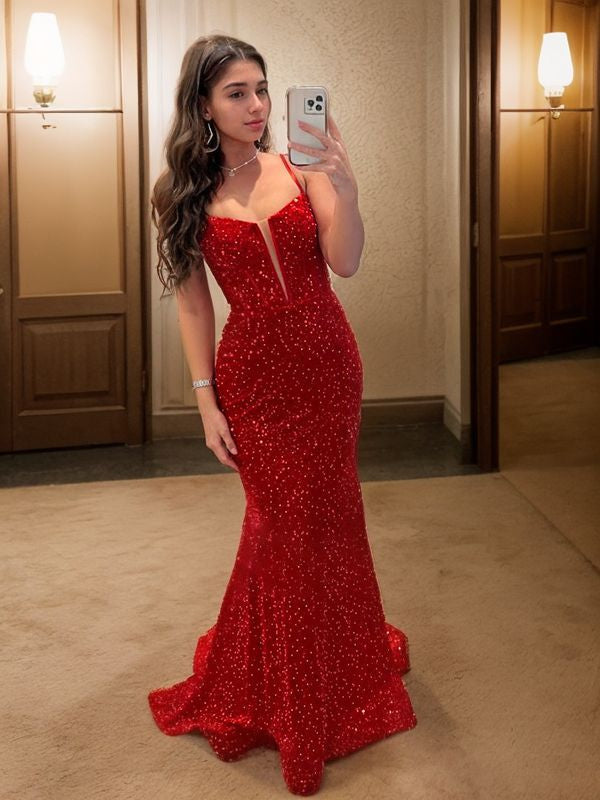 Sheath/Column Sequins Spaghetti Straps Sleeveless Sweep/Brush Train Dresses Prom Evening Dress