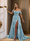 Sheath/Column Jersey Ruched Off-the-Shoulder Sleeveless Sweep/Brush Train Dresses Prom Evening Dress