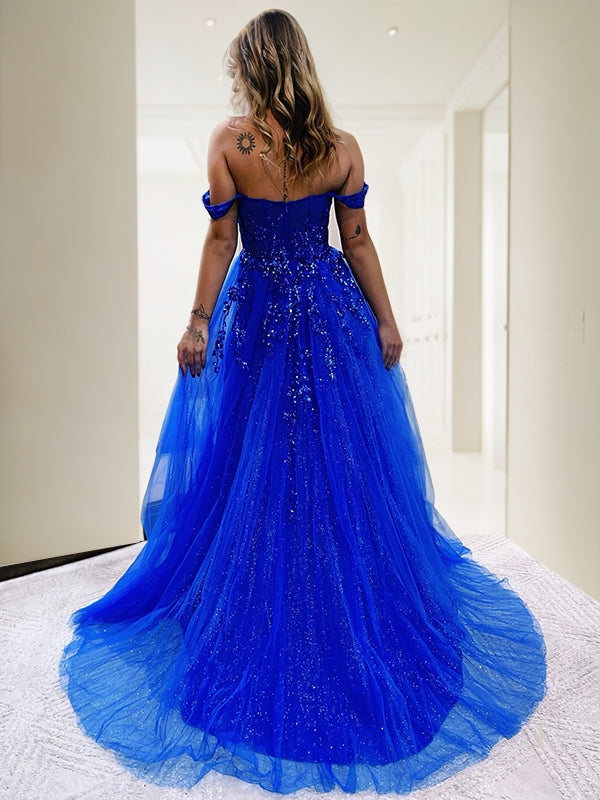 Vestido de noche de fiesta con apliques de tul, corte A/princesa, sin mangas, hombros descubiertos y cola larga