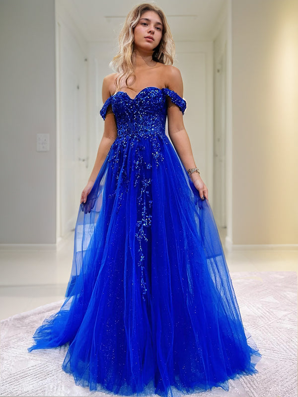 Vestido de noche de fiesta con apliques de tul, corte A/princesa, sin mangas, hombros descubiertos y cola larga