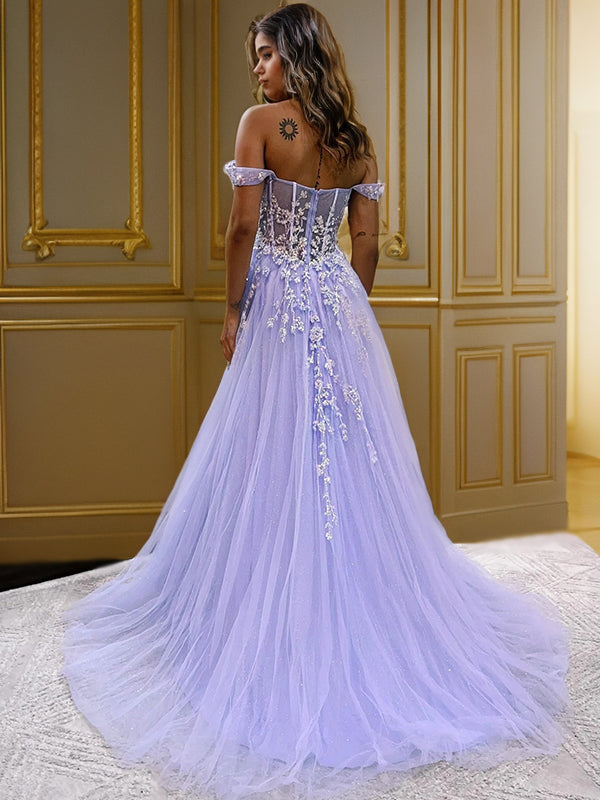 Vestido de noche de fiesta con apliques de tul, corte A/princesa, sin mangas, hombros descubiertos y cola larga