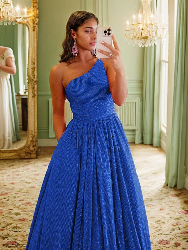 A-Line/Princess Ruffles One-Shoulder Sleeveless Sweep/Brush Train Evening Dresses Prom Dress