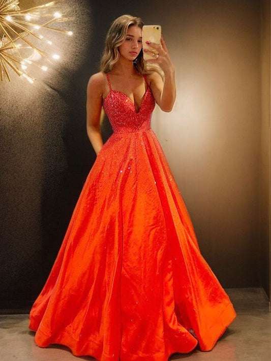 A-Line/Princess Satin Ruffles V-neck Sleeveless Sweep/Brush Train Dresses Prom Dress Ball Gowns