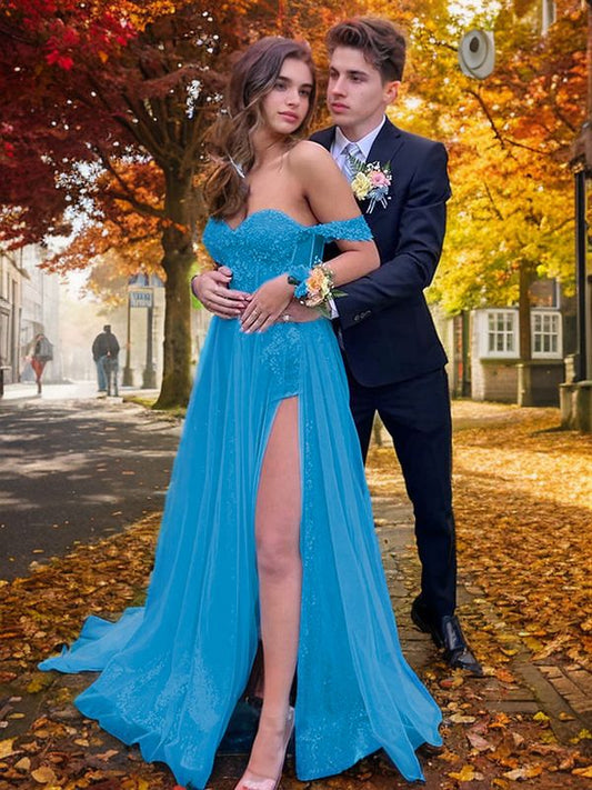 A-Line/Princess Sequins Applique Off-the-Shoulder Sleeveless Sweep/Brush Train Dresses Prom Evening Dress