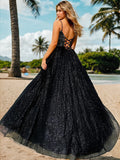 A-Line/Princess V-neck Sleeveless Floor-Length Evening Dresses Prom Dress Ball Gowns