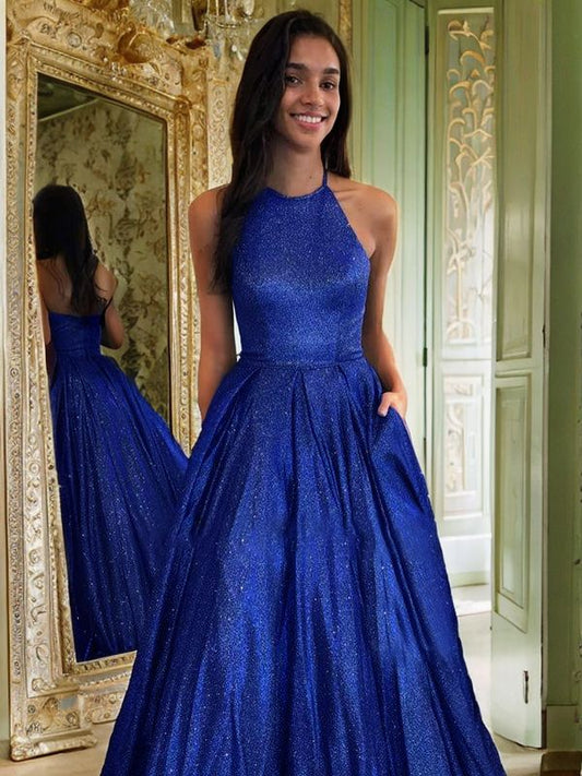 Ball Gown Ruffles Halter Sleeveless Floor-Length Dresses Prom Dress Royal Blue Long Gowns