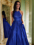 Ballkleid Rüschen Neckholder Ärmellos Bodenlang Kleider Ballkleid Königsblau Lange Kleider