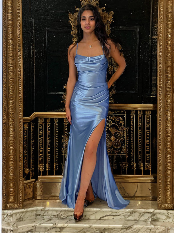 Sheath/Column Silk like Satin Ruched Spaghetti Straps Sleeveless Sweep/Brush Train Dresses Prom Evening Dress