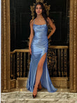 Sheath/Column Silk like Satin Ruched Spaghetti Straps Sleeveless Sweep/Brush Train Dresses Prom Evening Dress