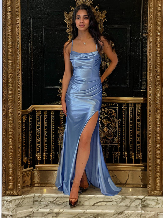 Sheath/Column Silk like Satin Ruched Spaghetti Straps Sleeveless Sweep/Brush Train Dresses Prom Evening Dress