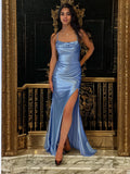 Sheath/Column Silk like Satin Ruched Spaghetti Straps Sleeveless Sweep/Brush Train Dresses Prom Evening Dress